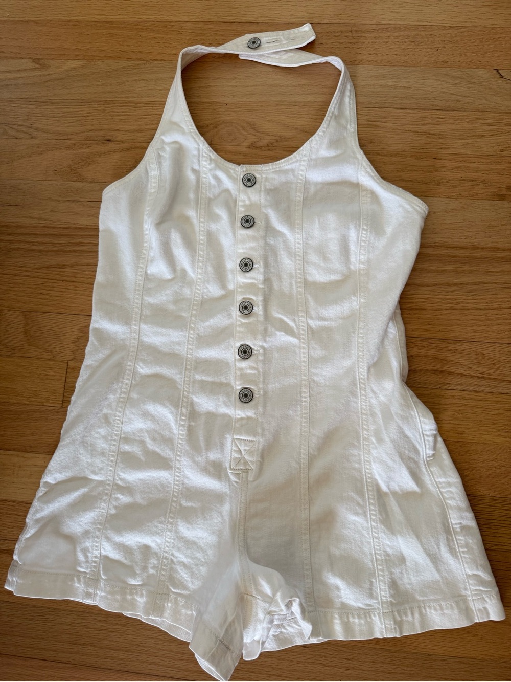 American Eagle Medium white Denim Halter Neck Shorts Romper w/ button front